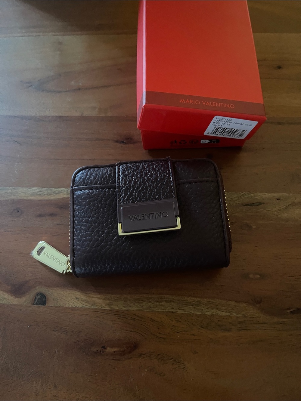 Valentino Dark Brown Pebbled Leather Compact Wallet with Gold Hardware